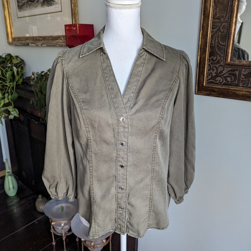 White House Black Market Ws 6 Olive Button Up 3/4 Puff Sleeve Blouse Lyocell 125